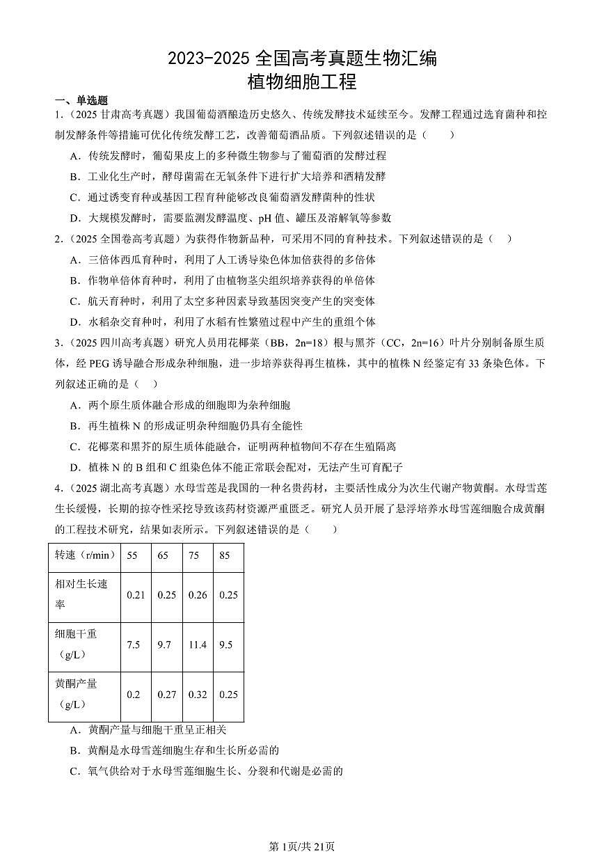 2023-2025全国高考真题生物汇编：植物细胞工程  有答案解析第1页