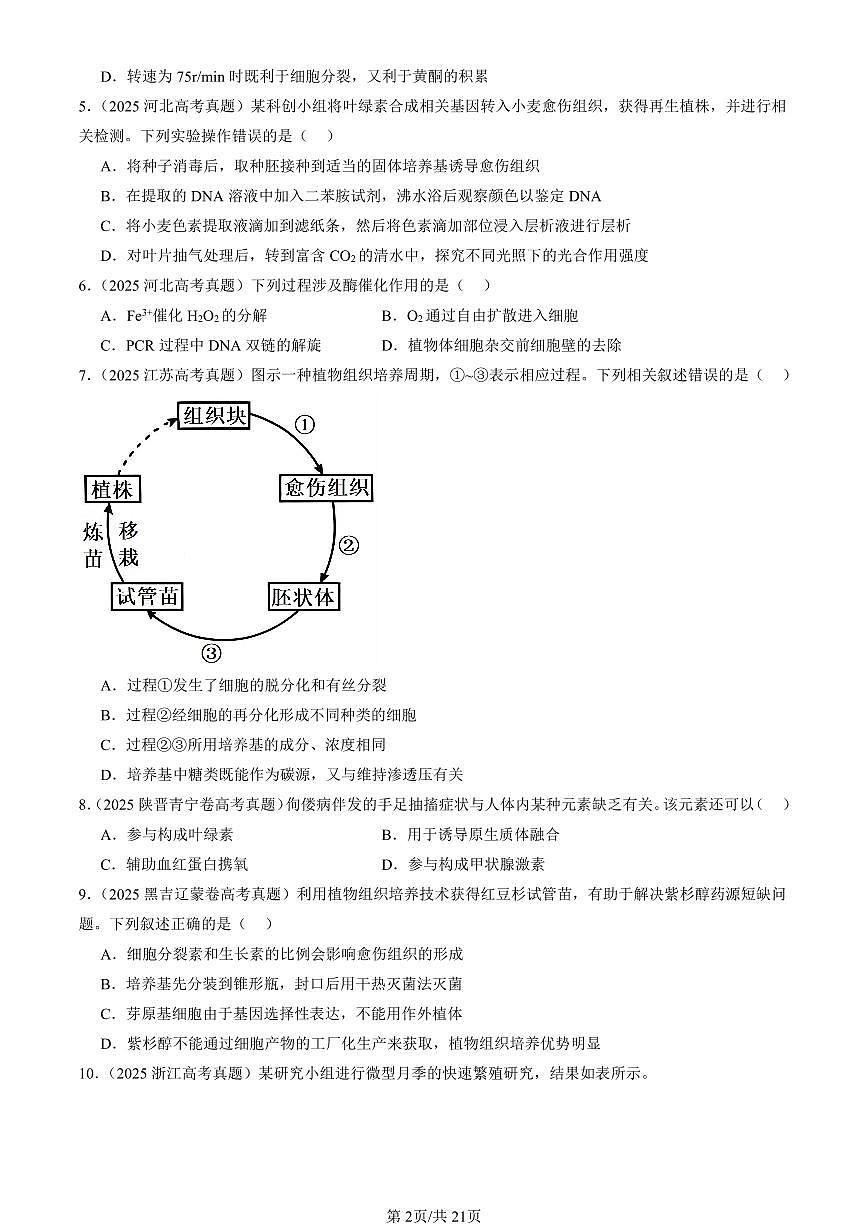 2023-2025全国高考真题生物汇编：植物细胞工程  有答案解析第2页