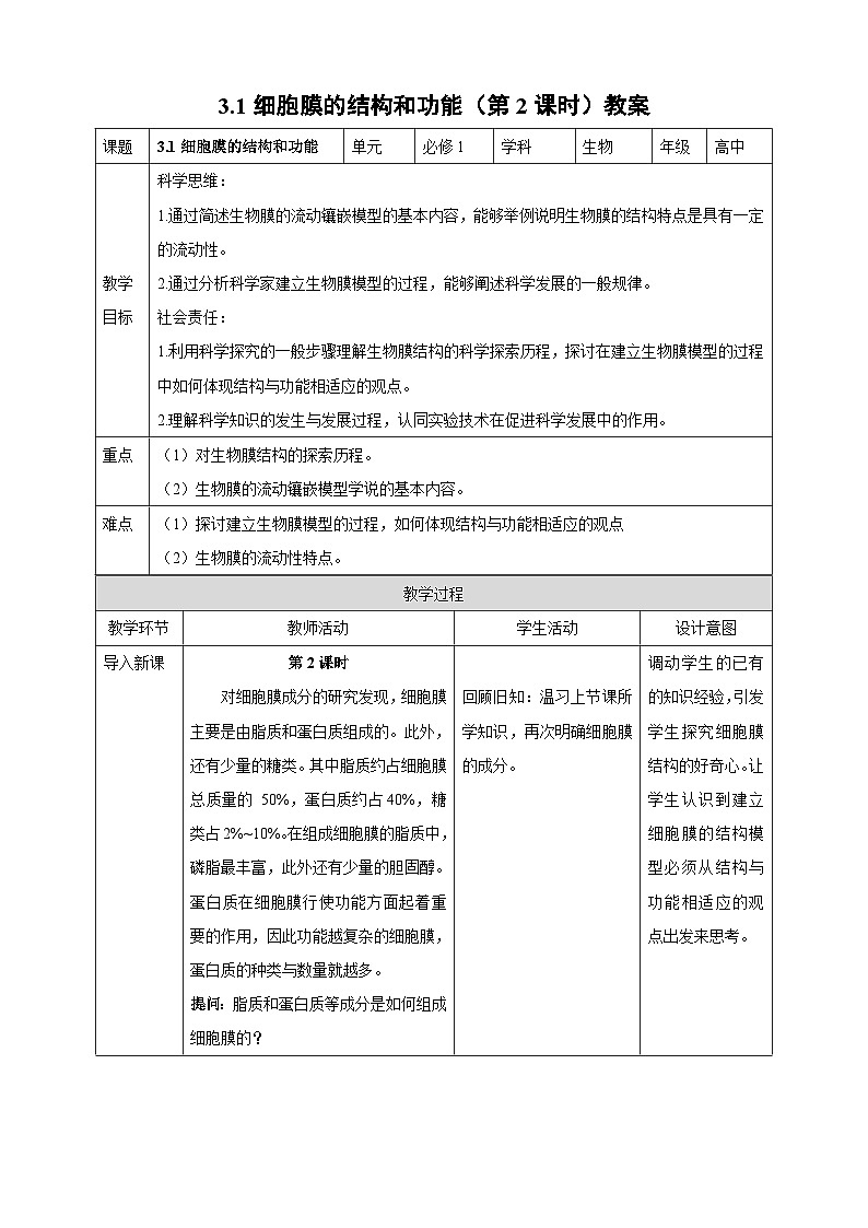 【高效课堂】高中生物2025-2026学年同步教案：3.1 细胞膜的结构和功能（第2课时）-人教版（2019）必修1第1页