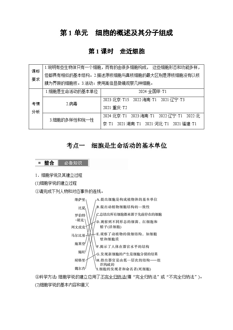 【备考2026】高考生物一轮复习资源：第1单元 第1课时 走近细胞（讲与练）（教师版）第1页