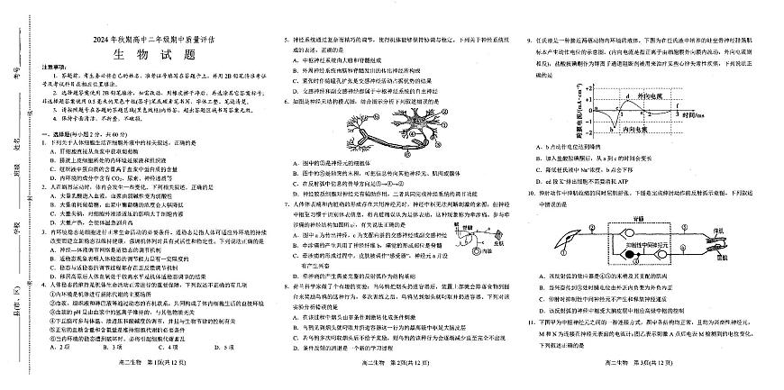 河南省南阳市2024-2025学年高二上学期11月期中生物试题第1页