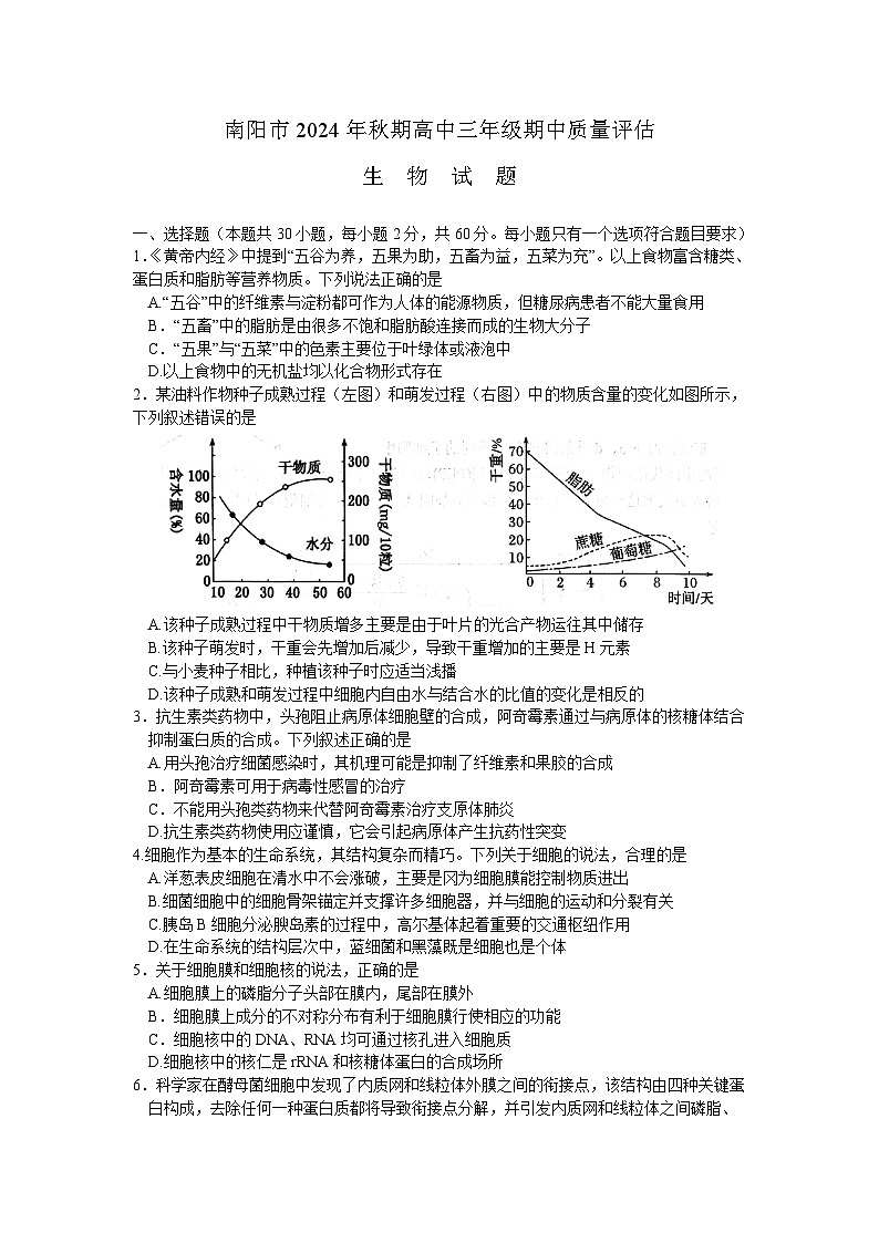河南省南阳市2024-2025学年高三上学期11月期中考试生物试题第1页