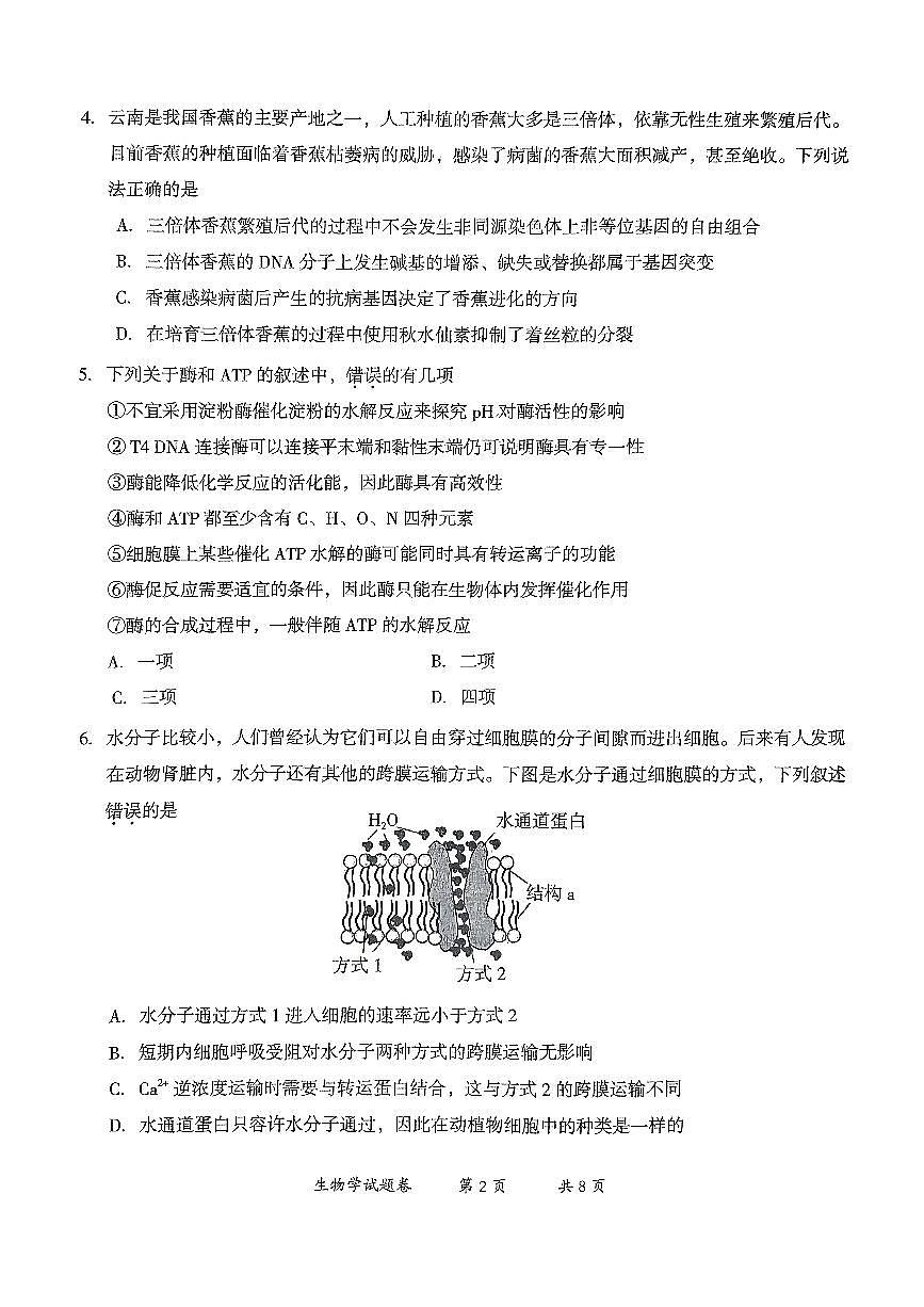 云南省曲靖市2025届高三上学期第一次教学质量监测生物试卷+答案第2页