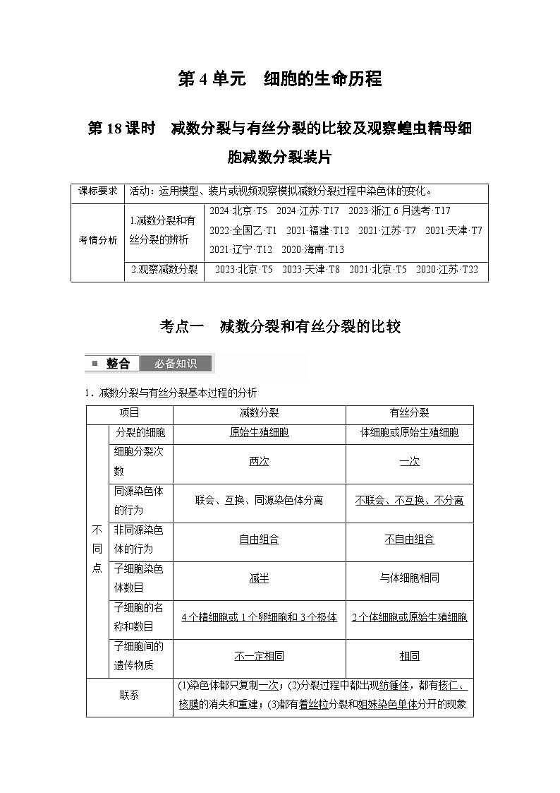 【备考2026】高考生物一轮复习资源：第4单元 第18课时 减数分裂与有丝分裂的比较（讲与练）（教师版）第1页