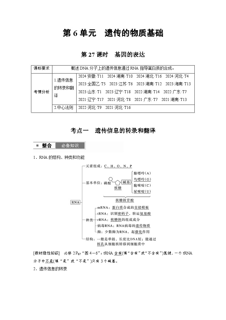 【备考2026】高考生物一轮复习资源：第6单元 第27课时 基因的表达（讲与练）（教师版）第1页