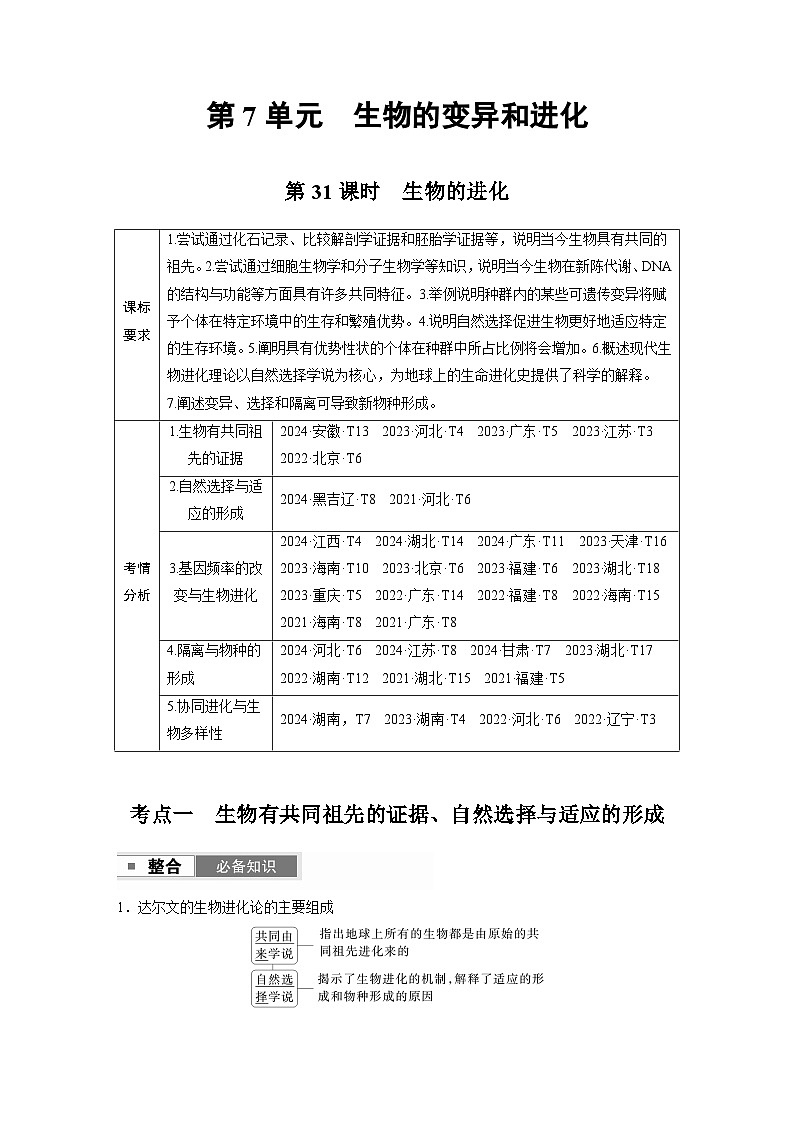 【备考2026】高考生物一轮复习资源：第7单元 第31课时 生物的进化（讲与练）（教师版）第1页