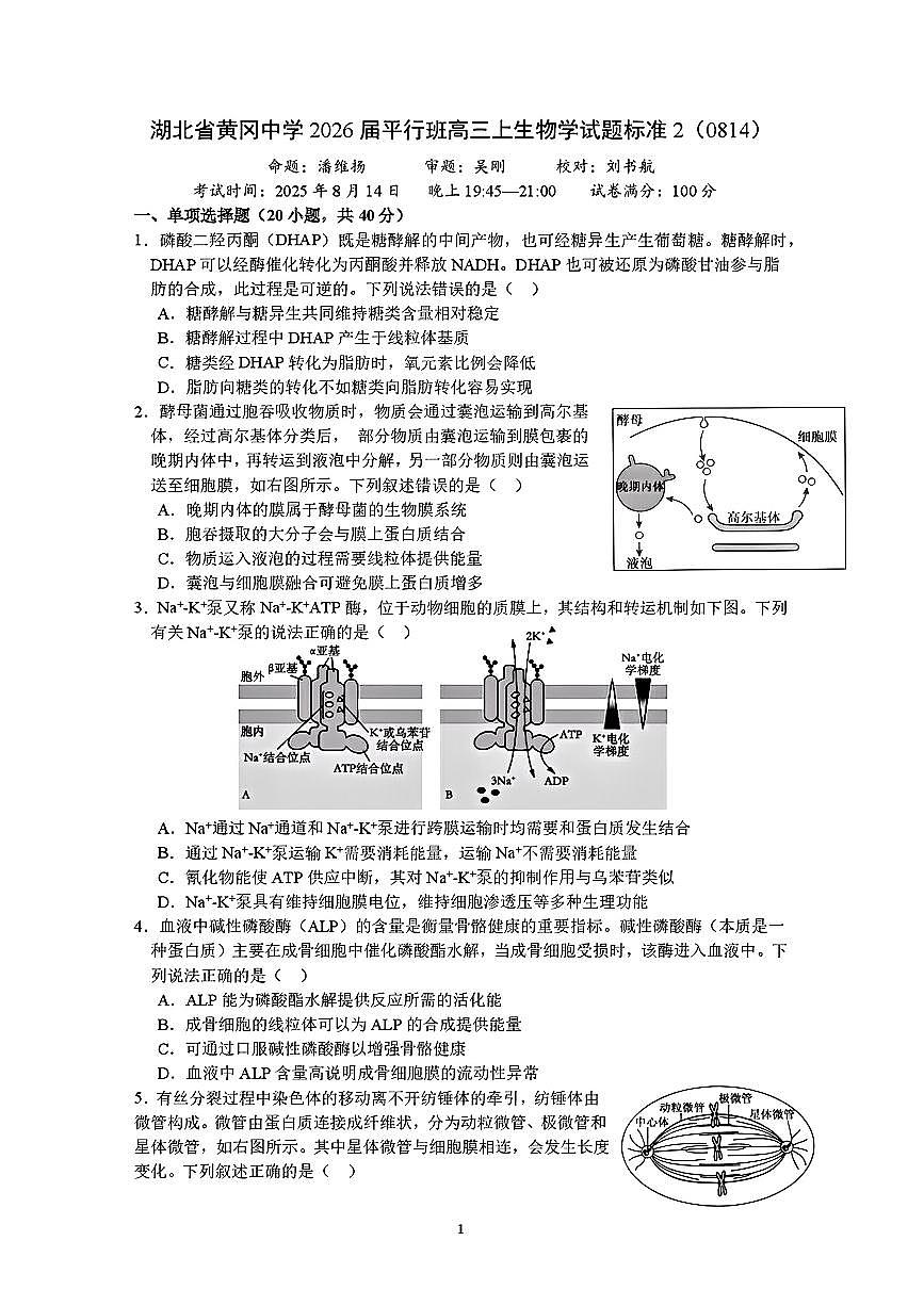 2025年黄冈高三上学期第一次月考生物试题及答案第1页