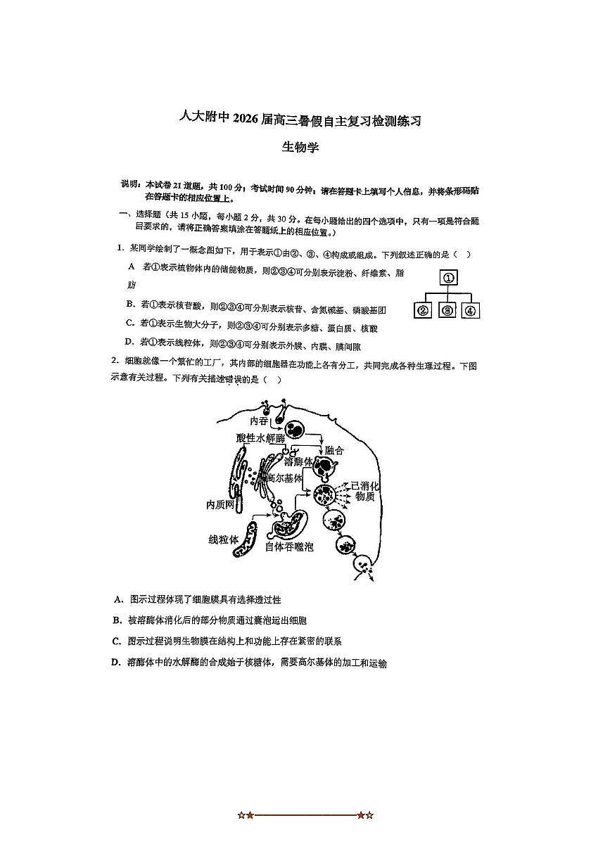 北京市人民大学附属中学2025～2026学年高三上开学生物试卷(,无答案)第1页