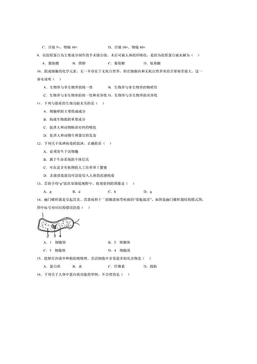 2024～2025学年云南省曲靖市民族中学高一上期中检测生物试卷(含答案)第2页