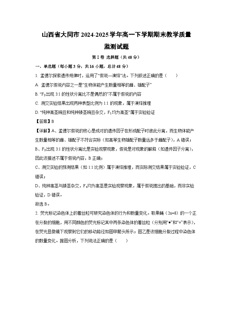 山西省大同市2024-2025学年高一下学期期末教学质量监测试题生物试卷（解析版）第1页