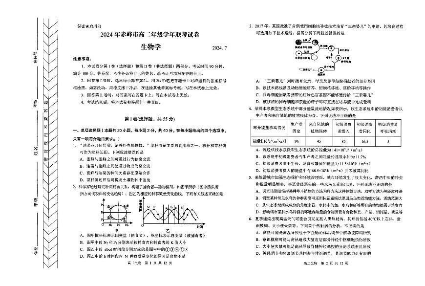 内蒙古自治区赤峰市2023-2024学年高二下学期7月期末考试生物试题+答案第1页