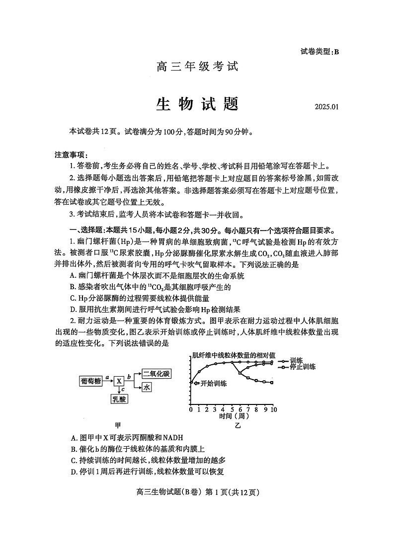 山东省泰安市2024-2025学年高三上学期1月期末试题生物试卷第1页