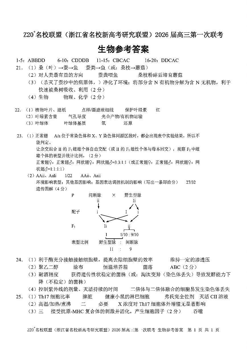 Z20+名校联盟（浙江省名校新高考研究联盟）2026届高三第一次联考生物答案第1页