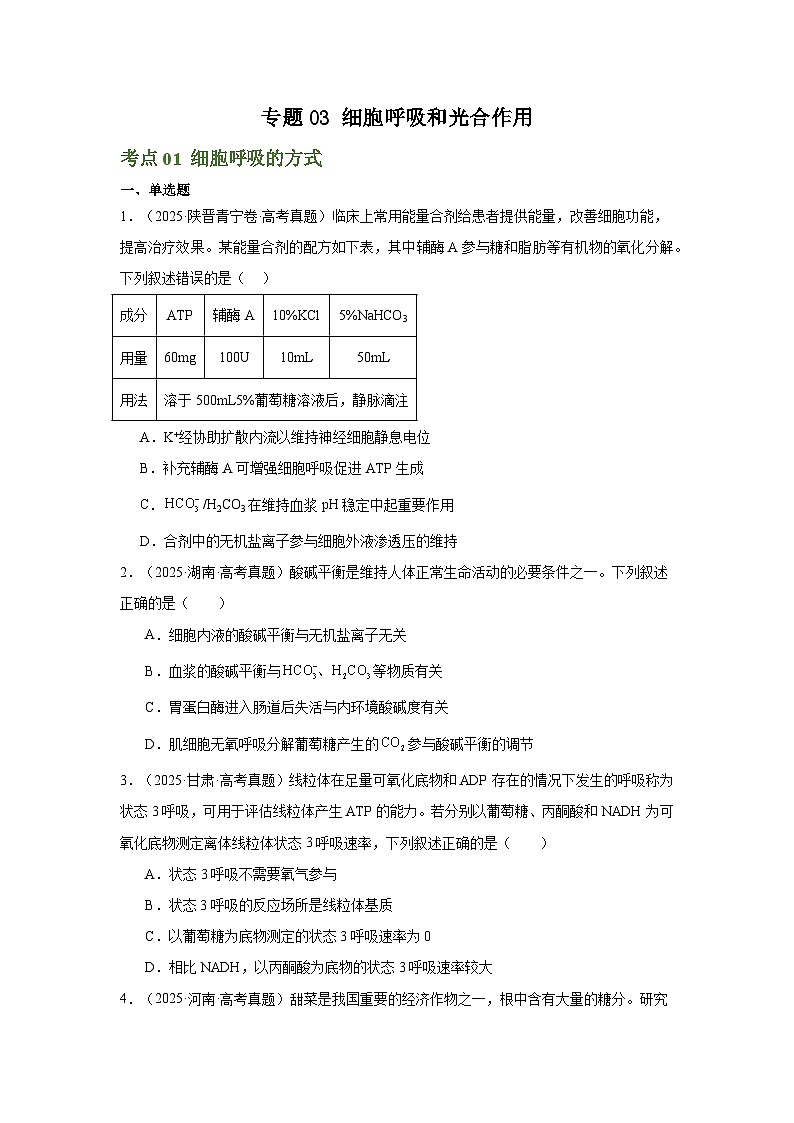 备战2026年高考生物（2025年真题分类汇编通用版）专题03细胞呼吸和光合作用（原卷版）第1页