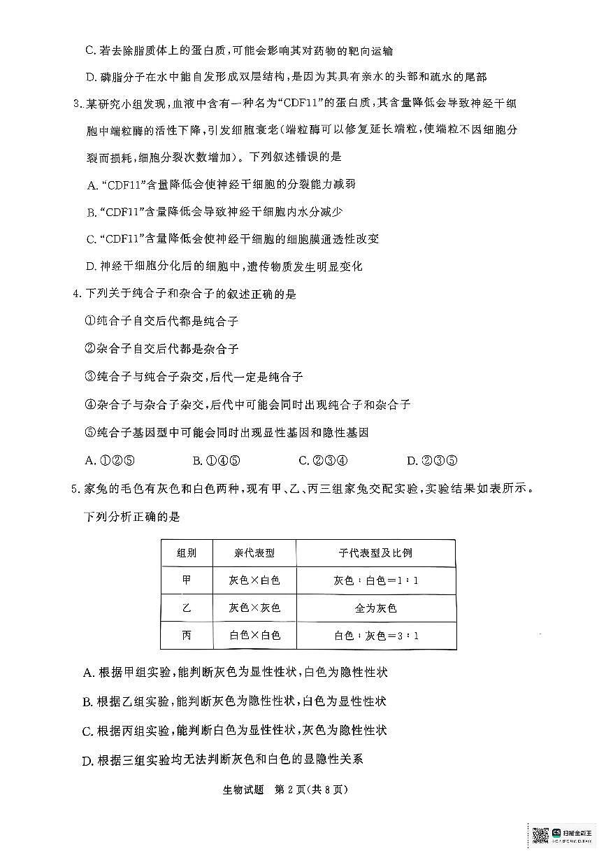 河南省青桐鸣大联考2024-2025学年高一下学期3月月考生物试卷第2页