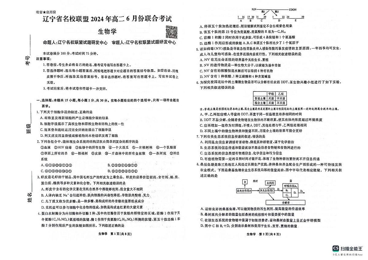 辽宁省名校联盟2023-2024学年高二下学期6月份联合考试生物试卷+答案第1页