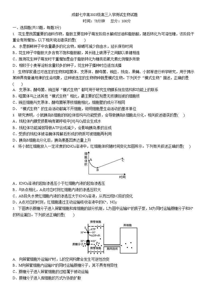 成都市第七中学2025-2026学年高三上学期8月入学考试生物试卷第1页