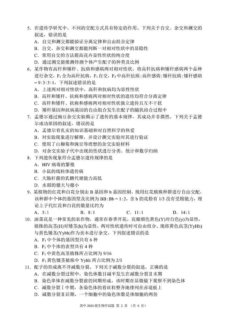 四川省成都市蓉城名校联盟2024-2025学年高一下学期期中考试生物试卷+答案第2页