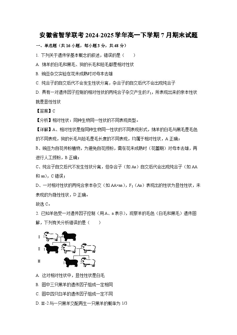 【生物】安徽省智学联考2024-2025学年高一下学期7月期末试题（解析版）第1页