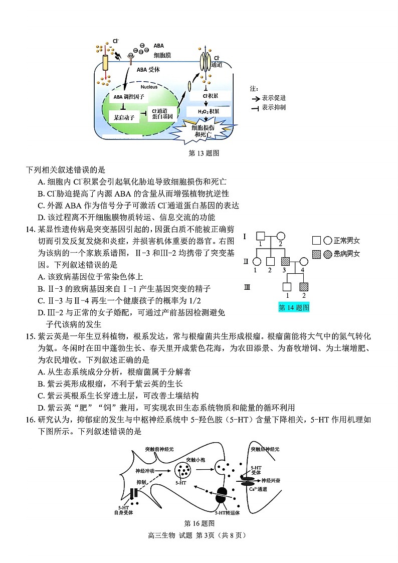 浙江省七彩阳光新高考联盟2026届高三上学期开学联考生物试卷第3页