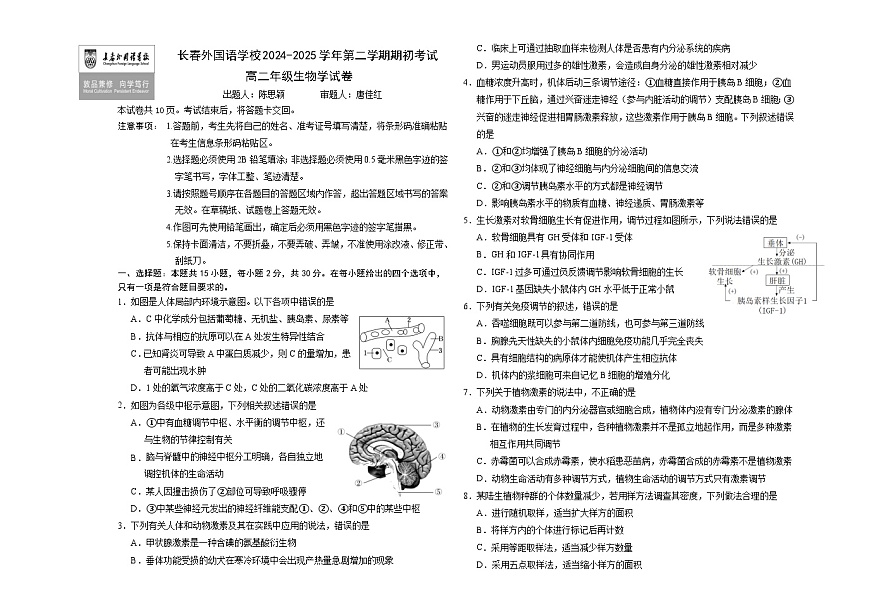 吉林省长春市朝阳区长春外国语学校2024-2025学年高二下学期开学考试生物试题第1页