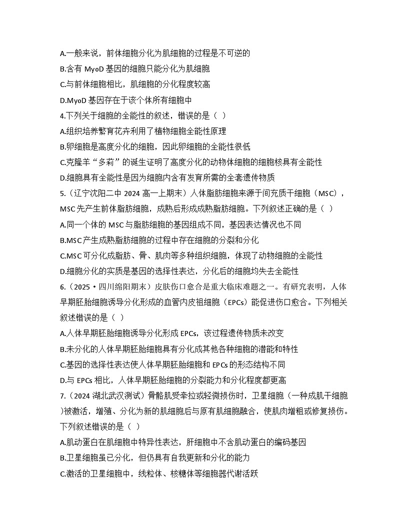 6.2细胞的分化-同步练习 2025—2026学年高一上学期生物人教版必修1第2页