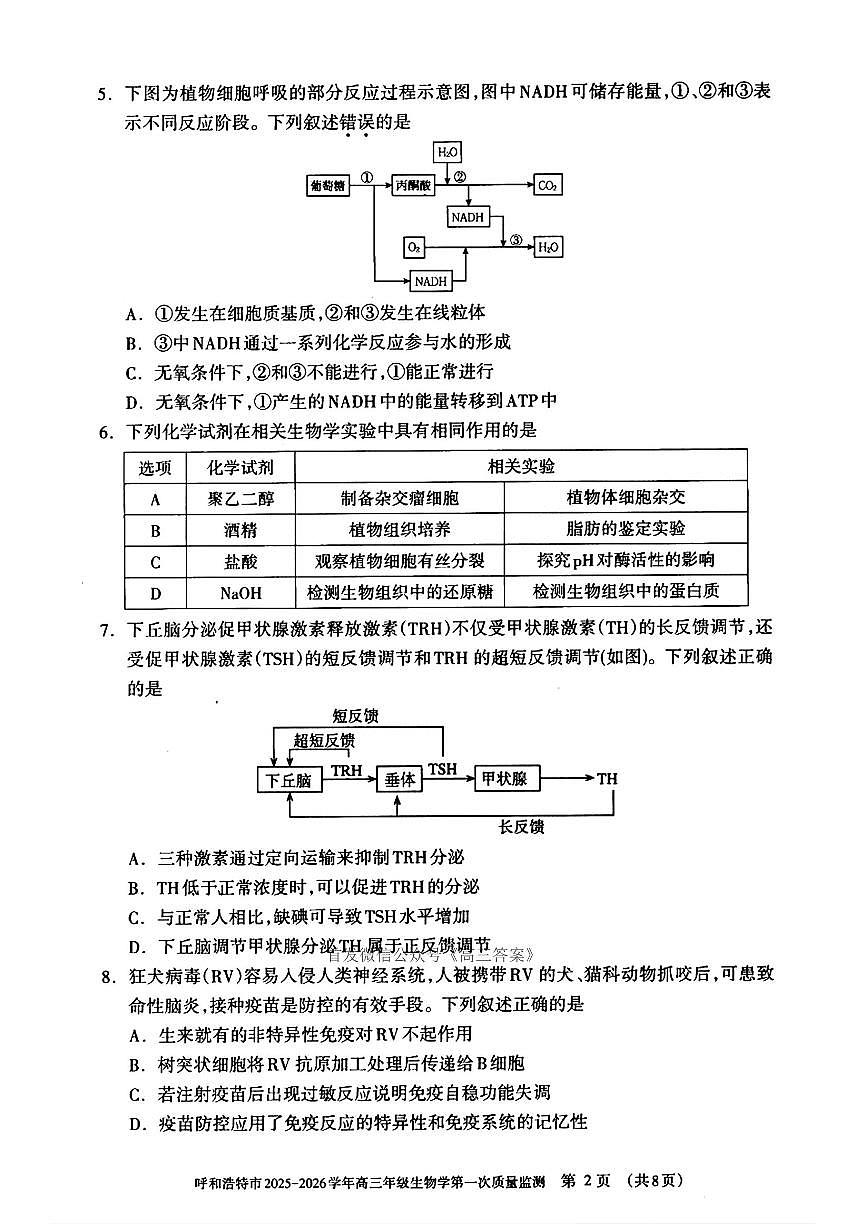 呼和浩特2025-2026学年高三上学期开学综合能力测试生物试题及答案第2页