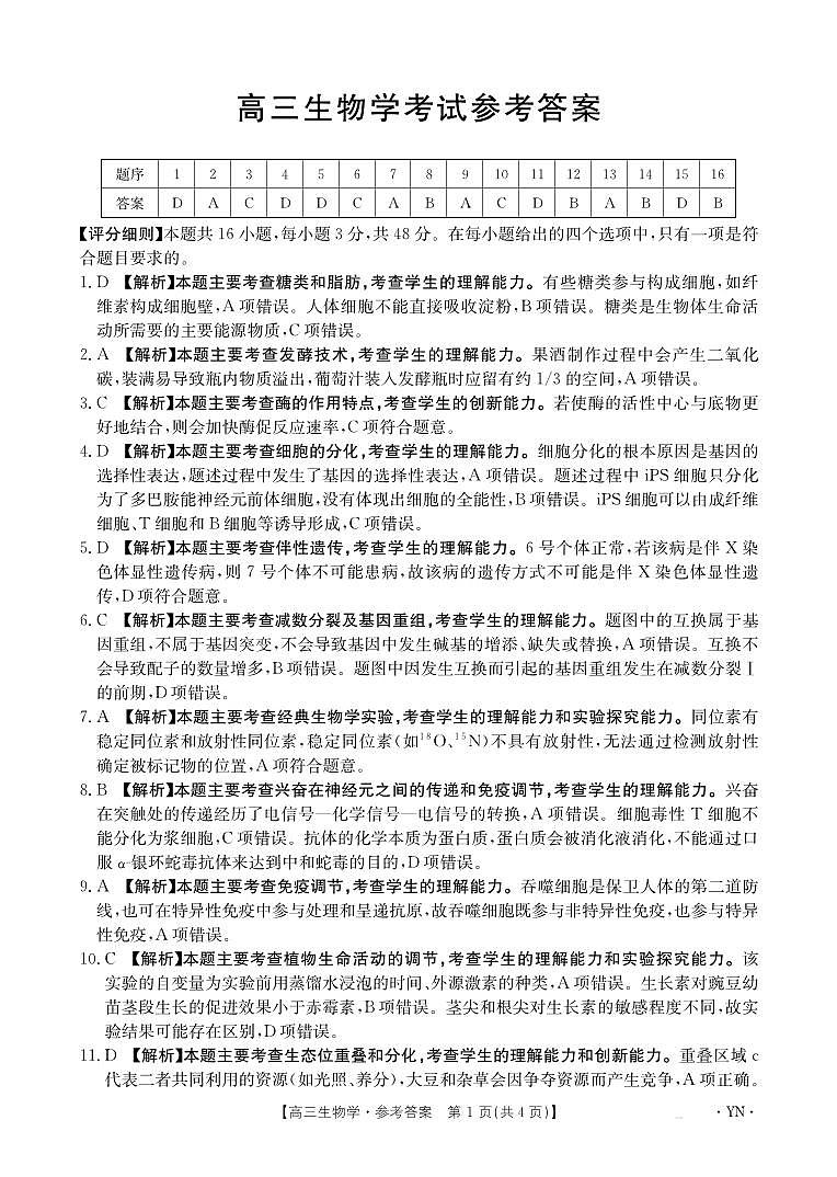 云南省部分学校2026届高三8月开学联考（YN）生物答案第1页