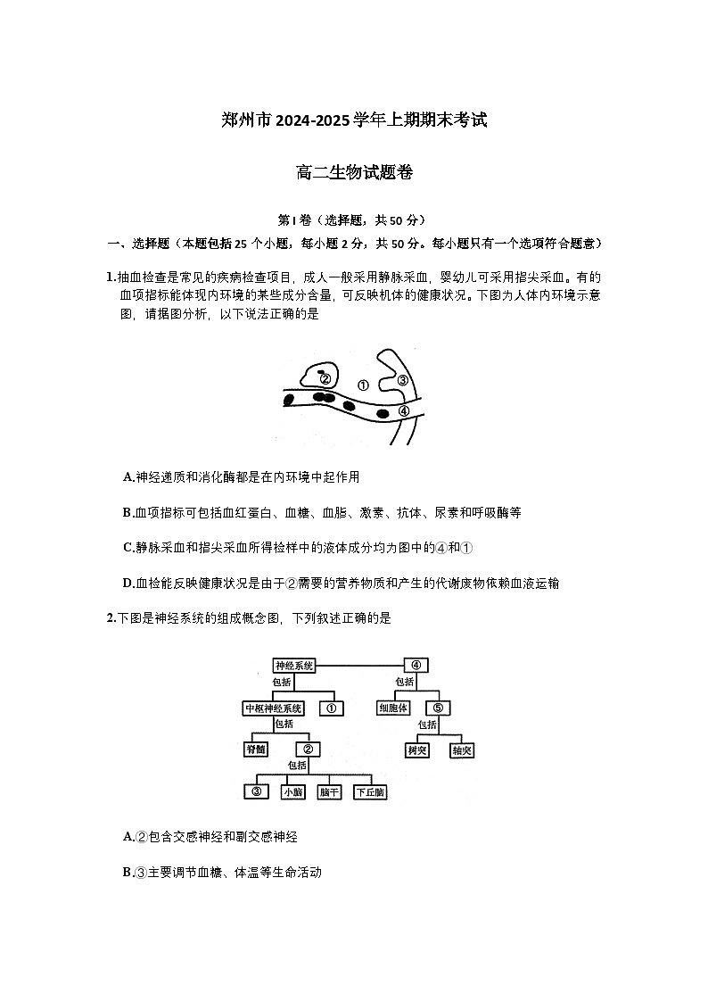 河南省郑州市2024-2025学年高二上学期期末考试试题卷生物试卷第1页