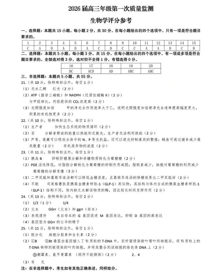 呼和浩特市2025-2026学年高三年级第一次质量监测 生物答案第1页