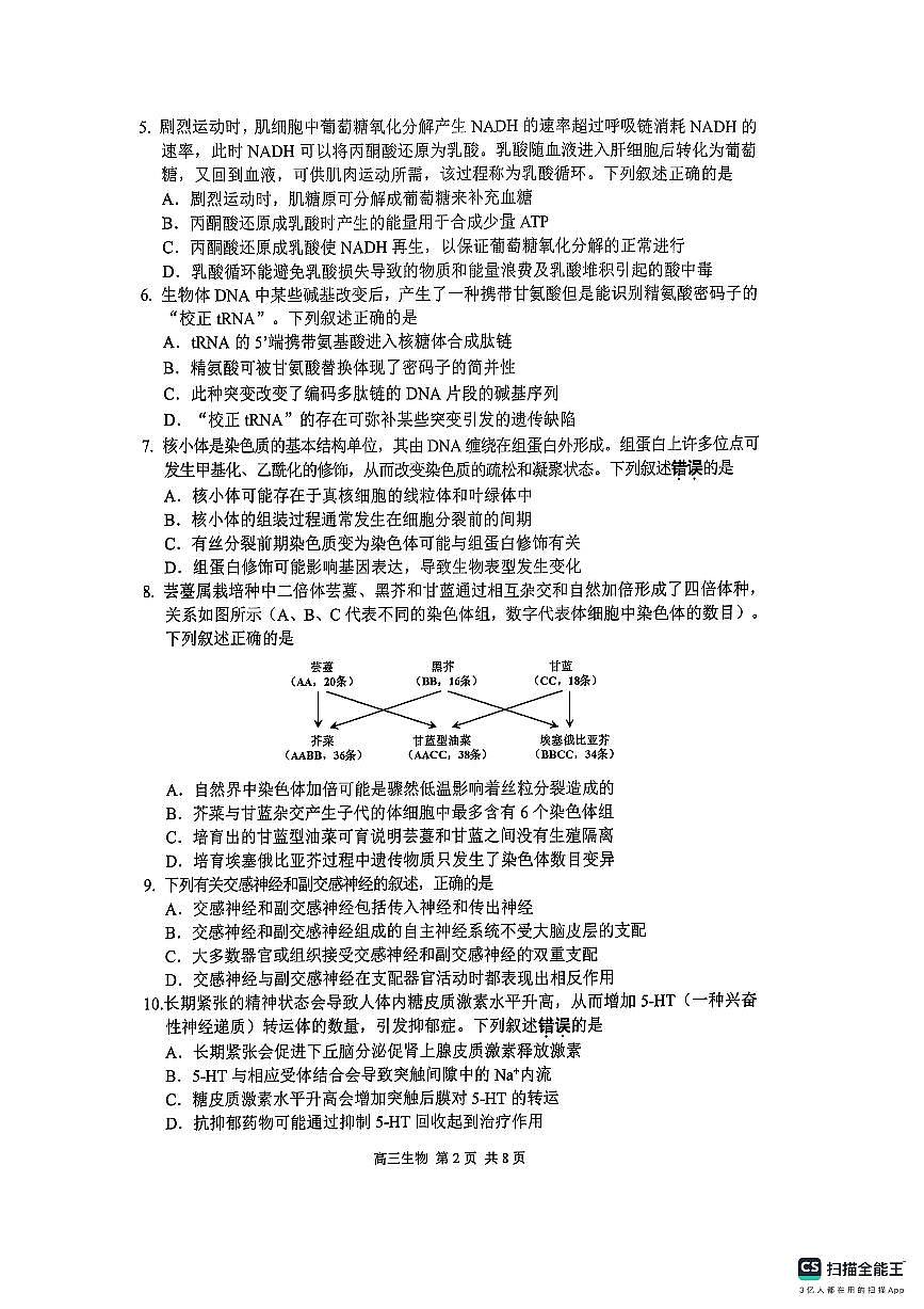 江苏省苏州市2024-2025学年高三上学期1月期末生物试卷+答案第2页
