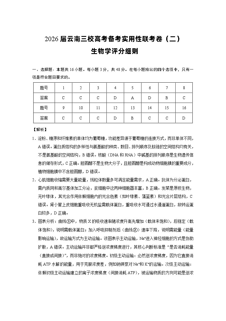 2026届云南三校高考备考实用性联考卷（二）生物-答案第1页