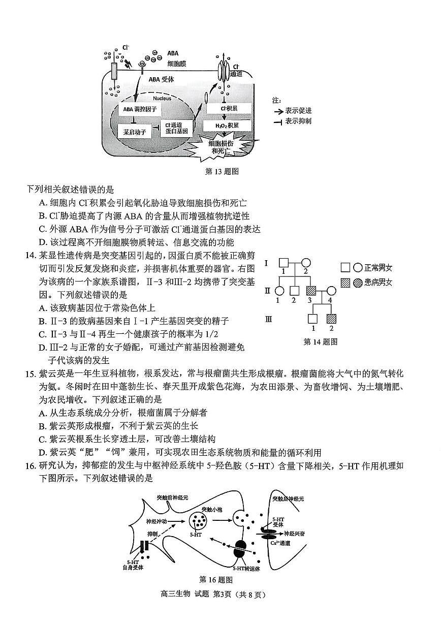 浙江省七彩阳光新高考研究联盟2026届高三上学期返校联考生物试题（PDF版附解析）第3页