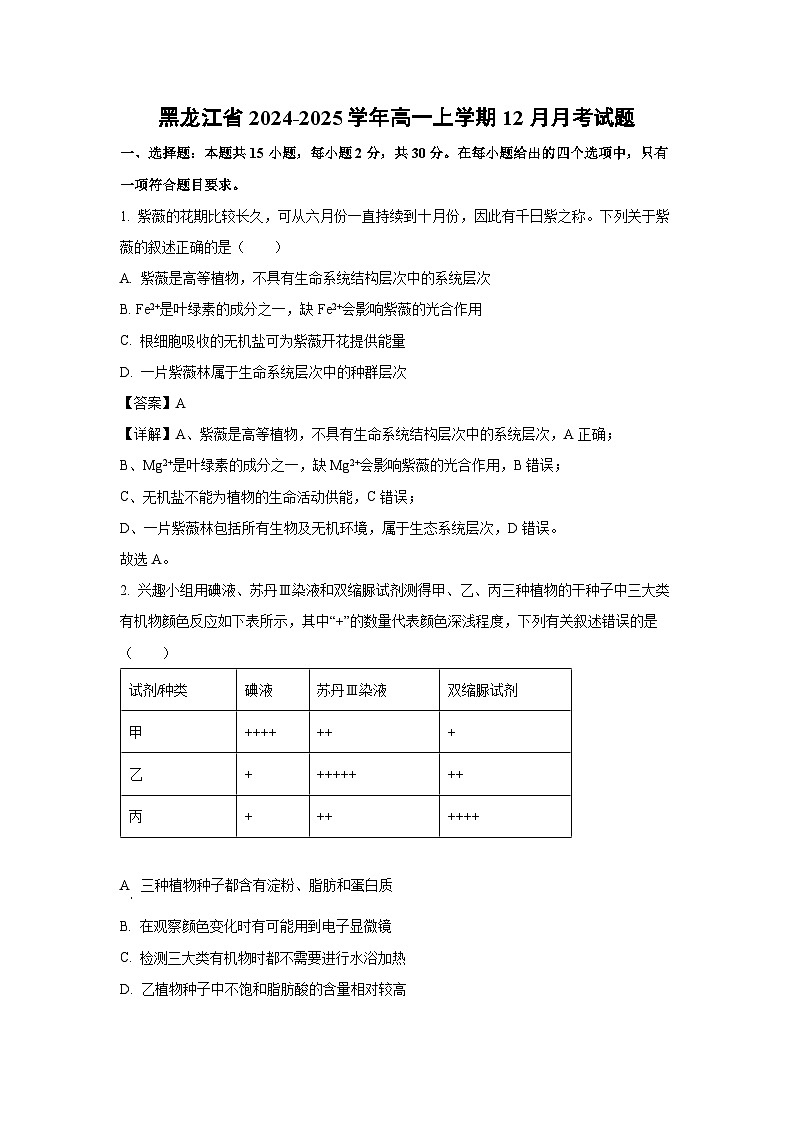 【生物】黑龙江省2024-2025学年高一上学期12月月考试题（解析版）第1页