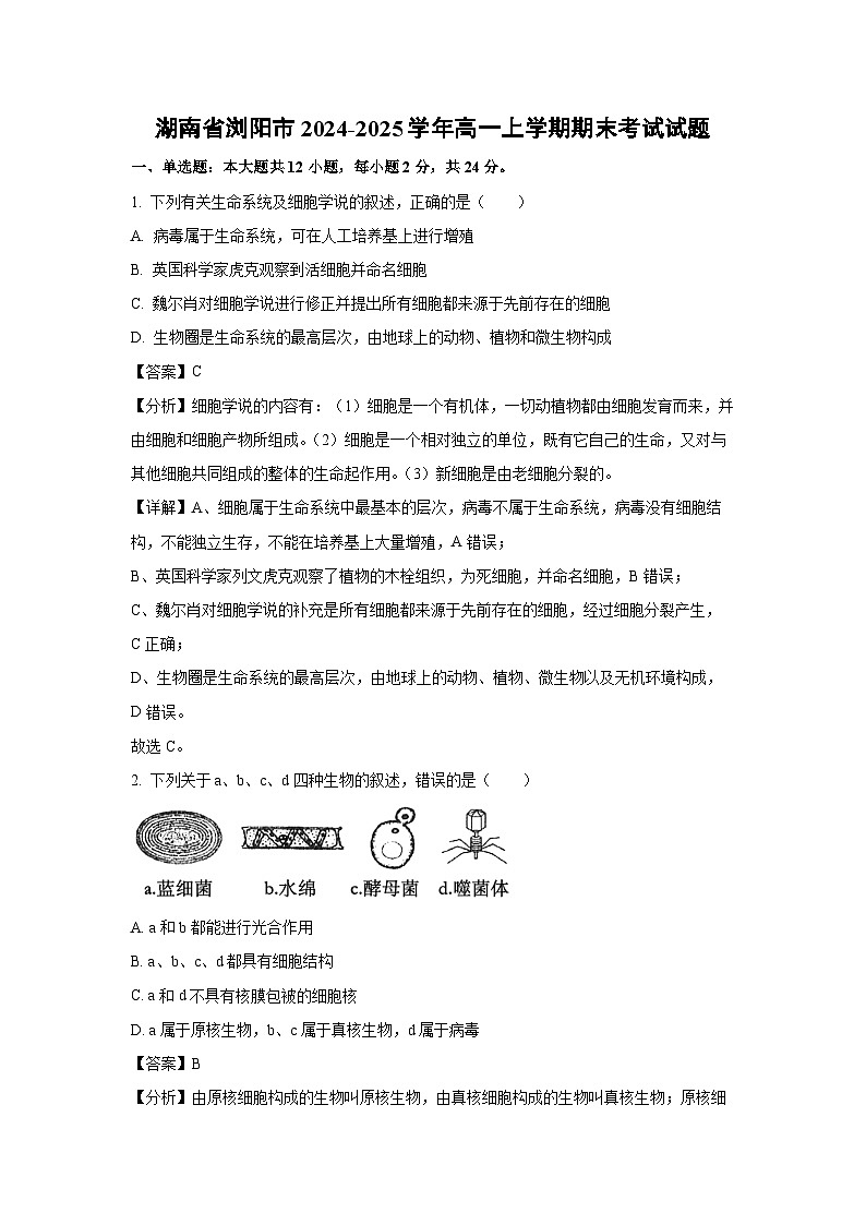 【生物】湖南省浏阳市2024-2025学年高一上学期期末考试试题（解析版）第1页