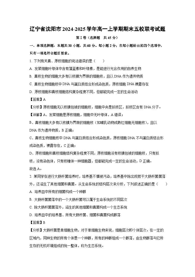 【生物】辽宁省沈阳市2024-2025学年高一上学期期末五校联考试题（解析版）第1页