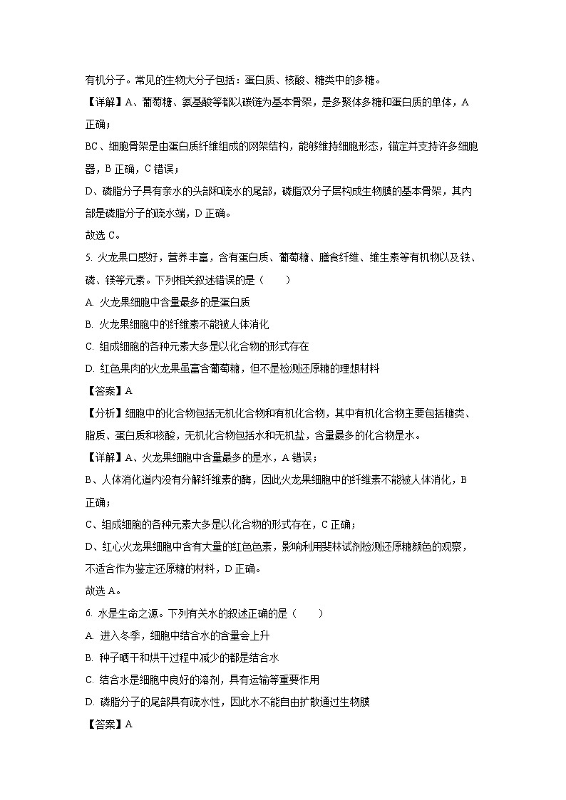 【生物】四川省达州市2024-2025学年高一上学期期末模拟考试试题（解析版）第3页