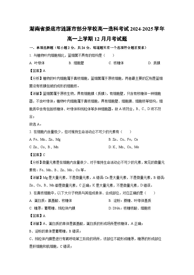 【生物】湖南省娄底市涟源市部分学校高一选科考试2024-2025学年高一上学期12月月考试题（解析版）第1页