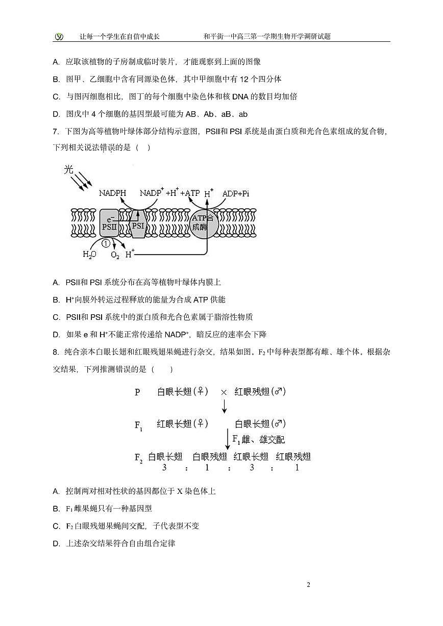 2025北京和平街一中高三（上）开学考生物试卷第2页