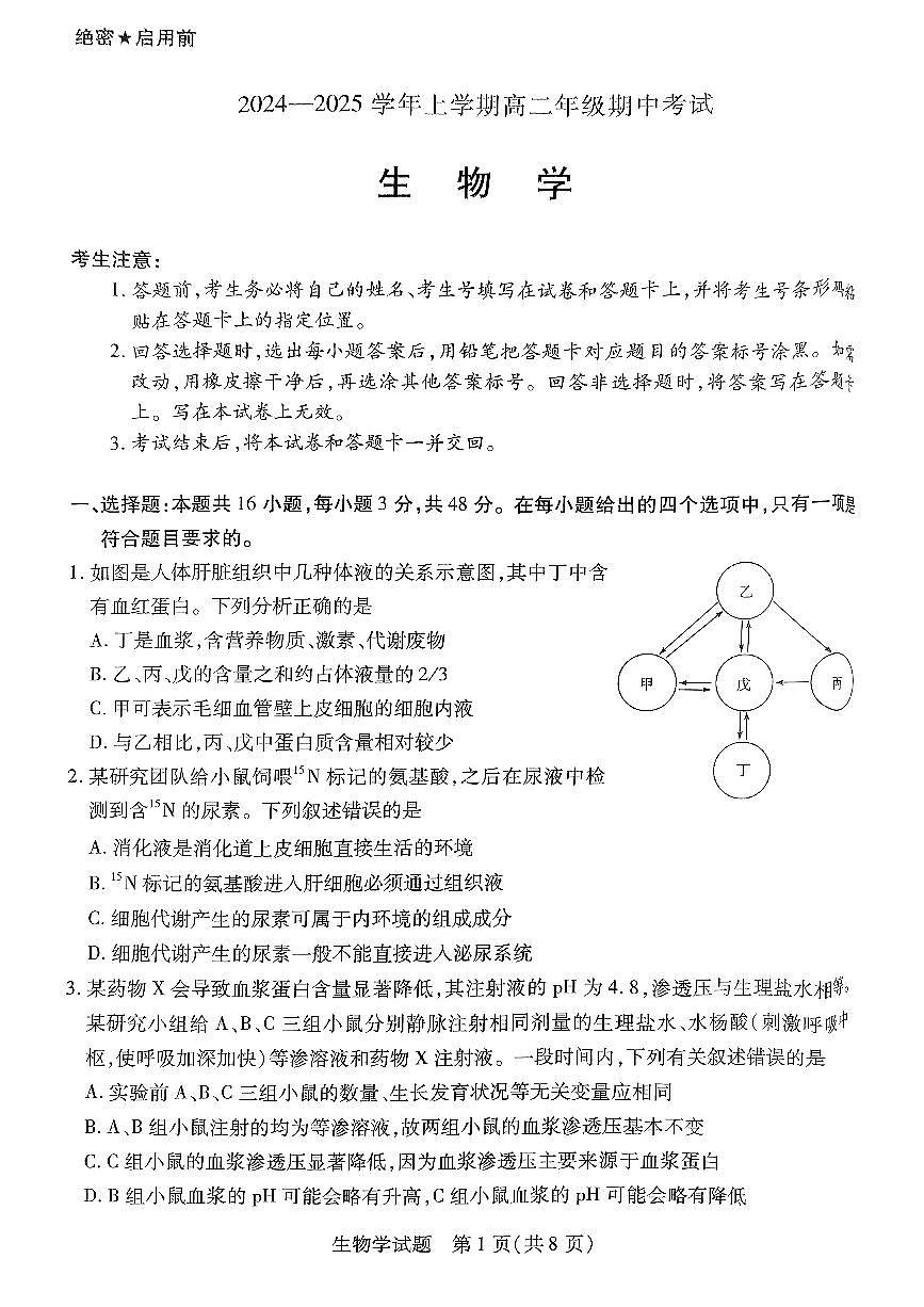 河南省濮阳市2024-2025学年高二上学期11月期中考试生物试题第1页