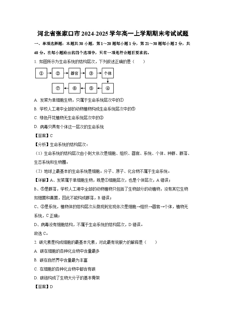 【生物】河北省张家口市2024-2025学年高一上学期期末考试试题（解析版）第1页