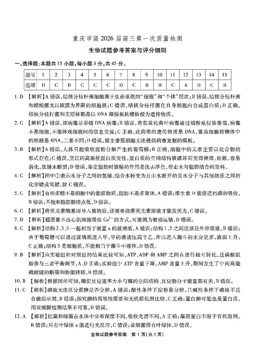 重庆市南开中学高2026届高三第一次质量检测 生物答案第1页