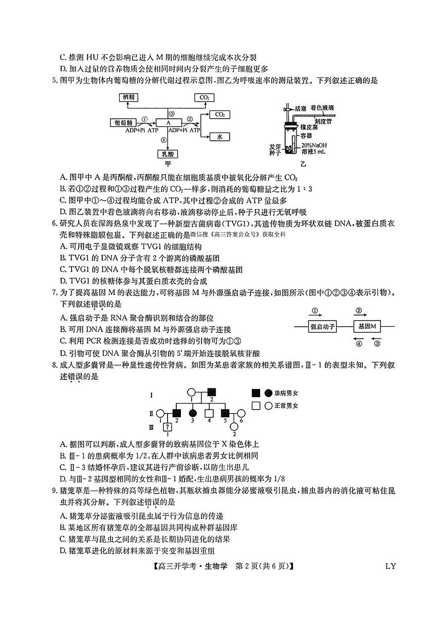 九师联盟2026届高三上学期9月开学考-生物试题+答案第2页