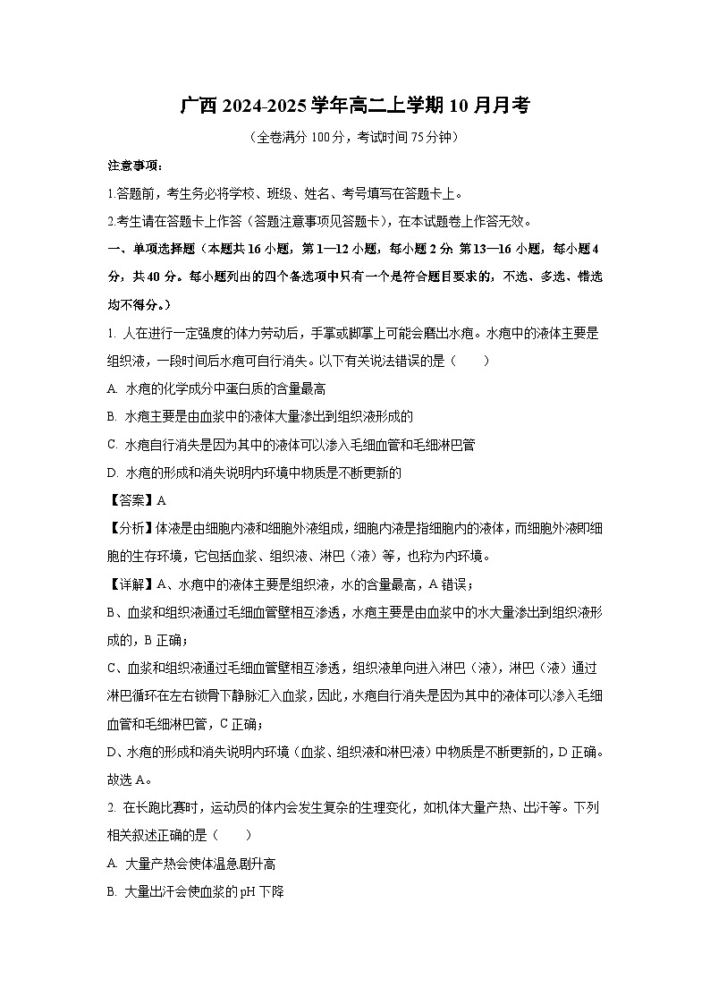 【生物】广西2024-2025学年高二上学期10月月考（解析版）(1)第1页