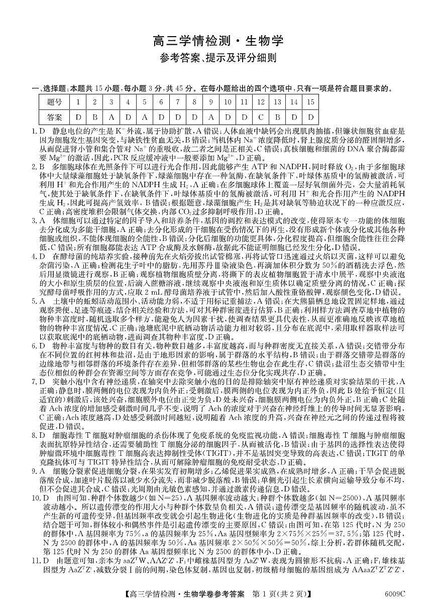 安徽省县中联盟2025-2026学年高三上学期学情检测+生物答案第1页