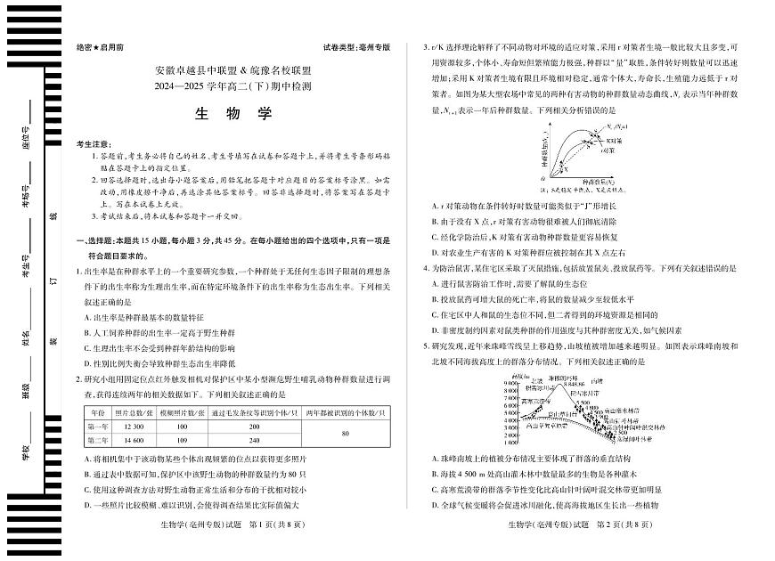 天一大联考安徽卓越县中联盟&皖豫名校联盟2024-2025学年高二（下）期中检测生物学亳州专版试卷第1页