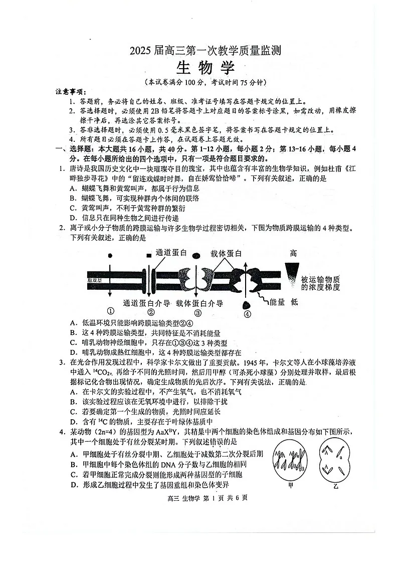 2025届广西玉林市高三下学期第一次教学质监-生物试题（含答案）第1页