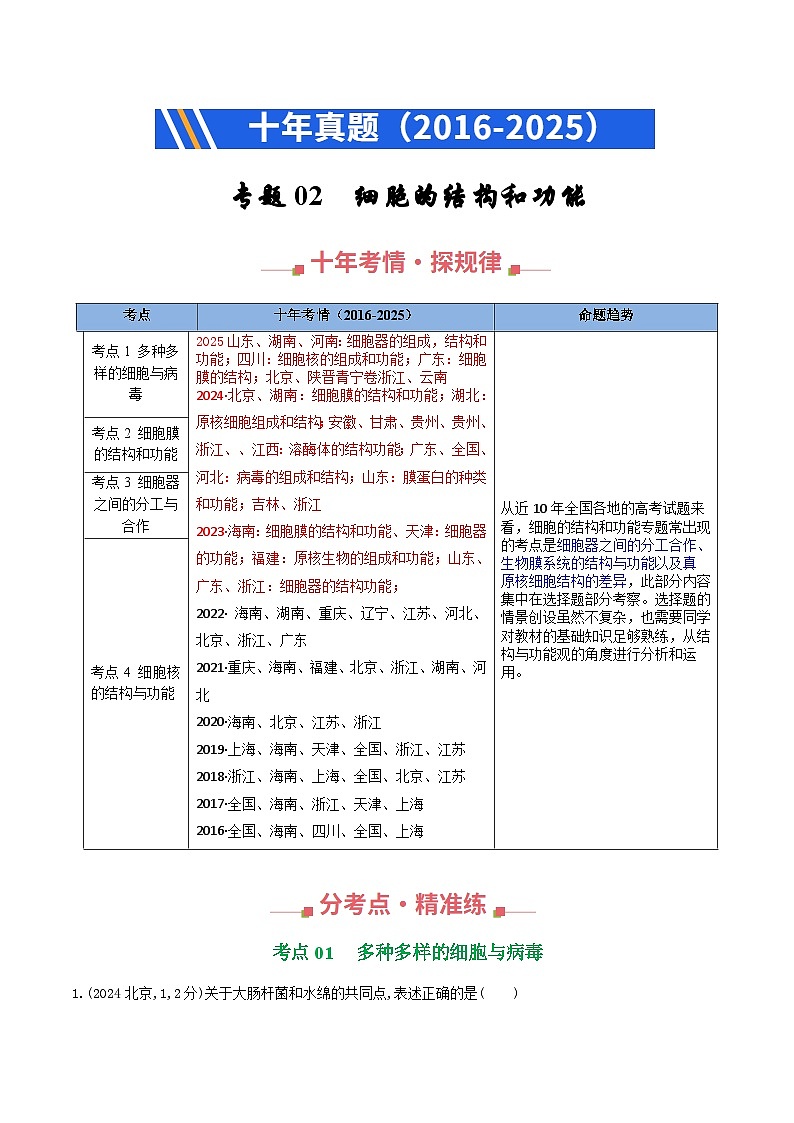 专题02 细胞的结构和功能（解析版）第1页