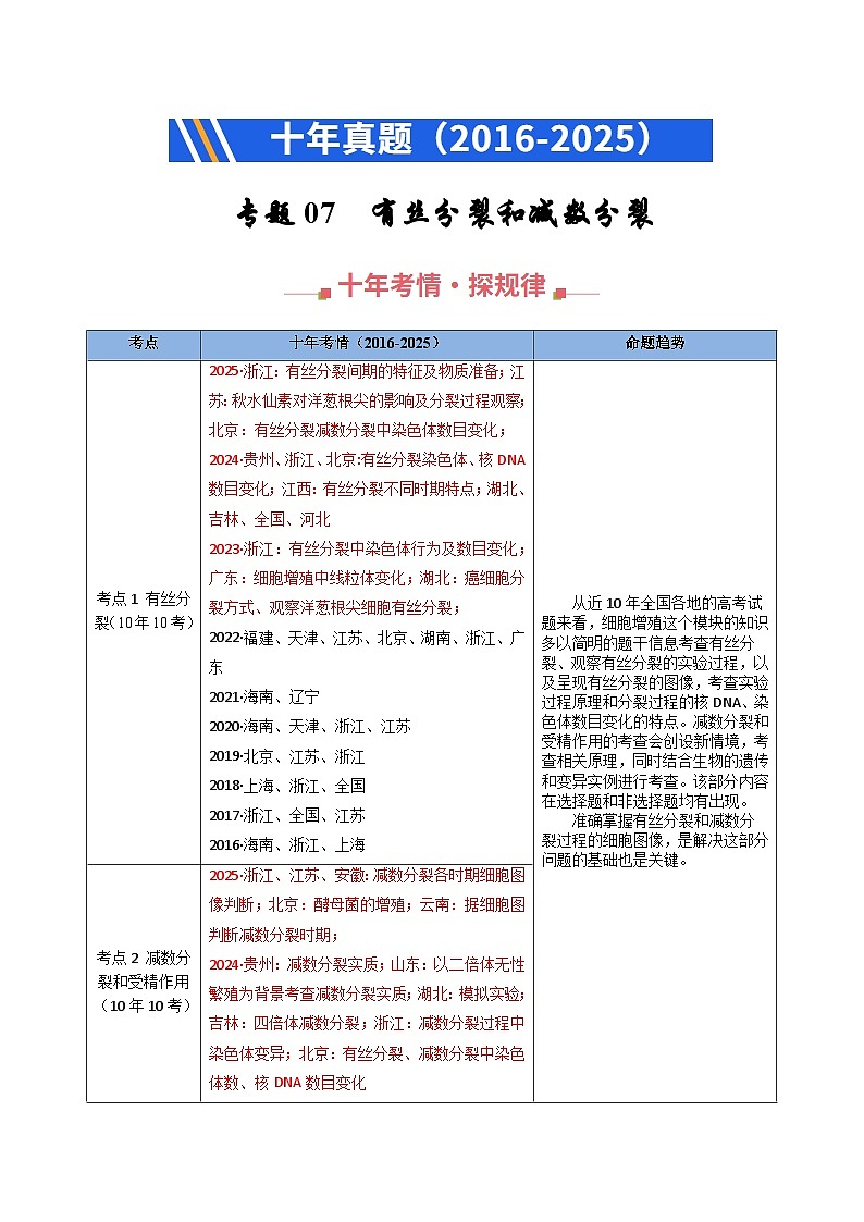 专题07 有丝分裂和减数分裂（原卷版）第1页