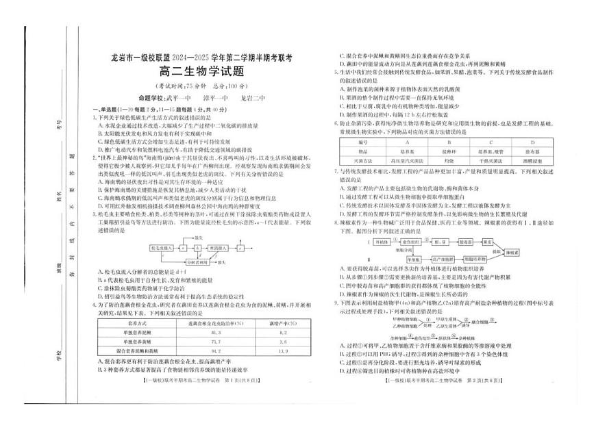 福建省龙岩市一级校联盟2024-2025学年高二下学期4月期中考试生物试卷+答案第1页